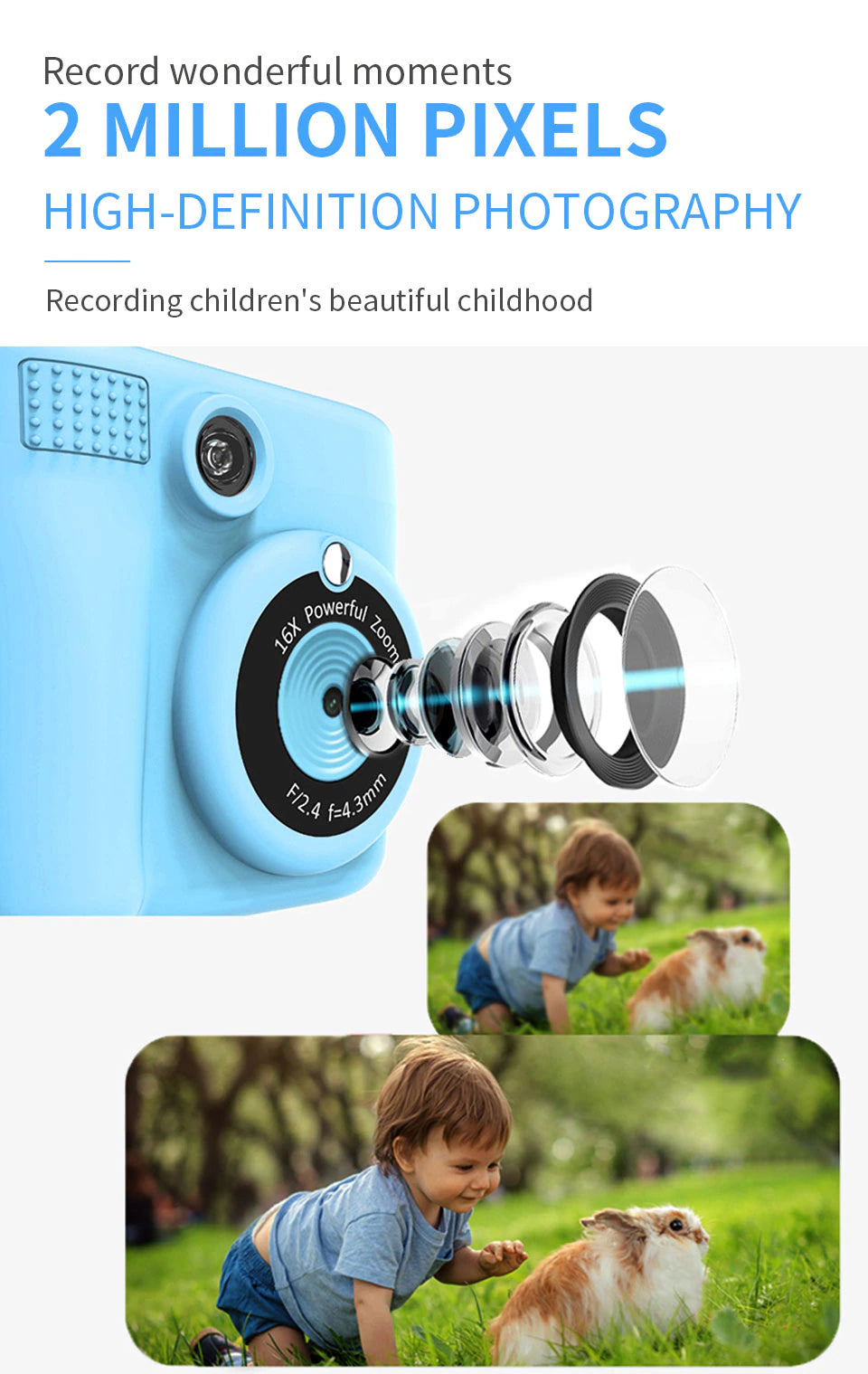 Blue Digital camera instant print, thermal paper,kids gift