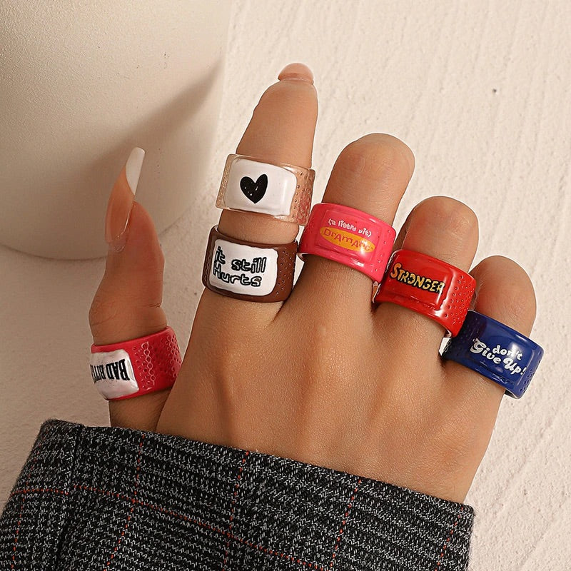 6 pieces bundle  Band Aid Rings for Women Girls Teens Y2K Cute Resin Letter Hip Hop Rings Sweet Cool Friends Gifts Fashion Jewelry