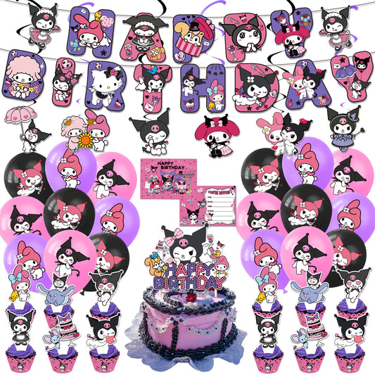 Sanrio Theme Hello Kitty Kuromi Cinnamoroll Birthday Party Decoration Kawaii Party Supplies Banner Balloons Birthday Gift