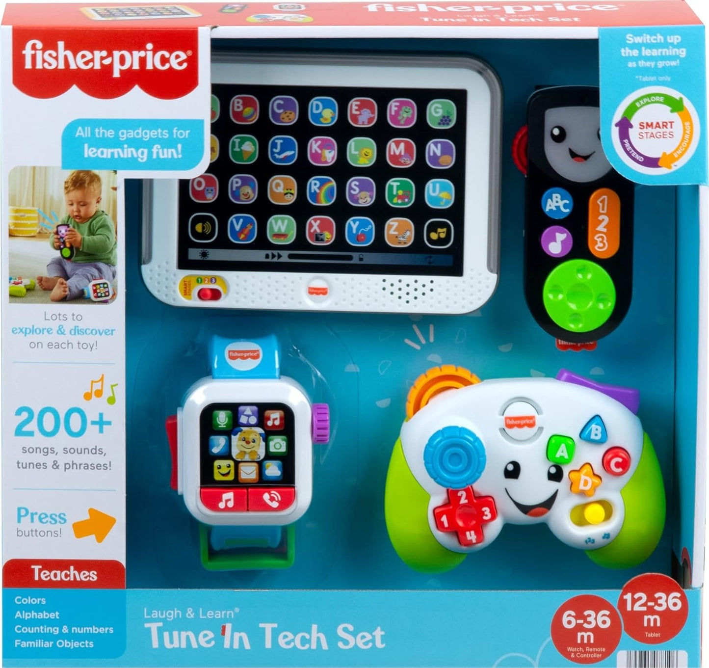 Fisher-Price Laugh & Learn Baby Learning Toys Tune In Tech Gift Set of 4 Interactive Pretend Play Toys for Ages 6+ months