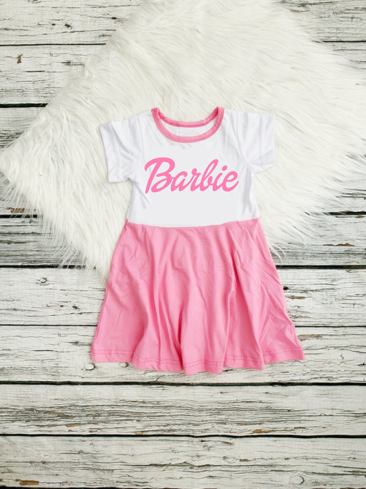 Barbie Cotton lycra white and pink dress,toddlers and girl Barbie pink dress