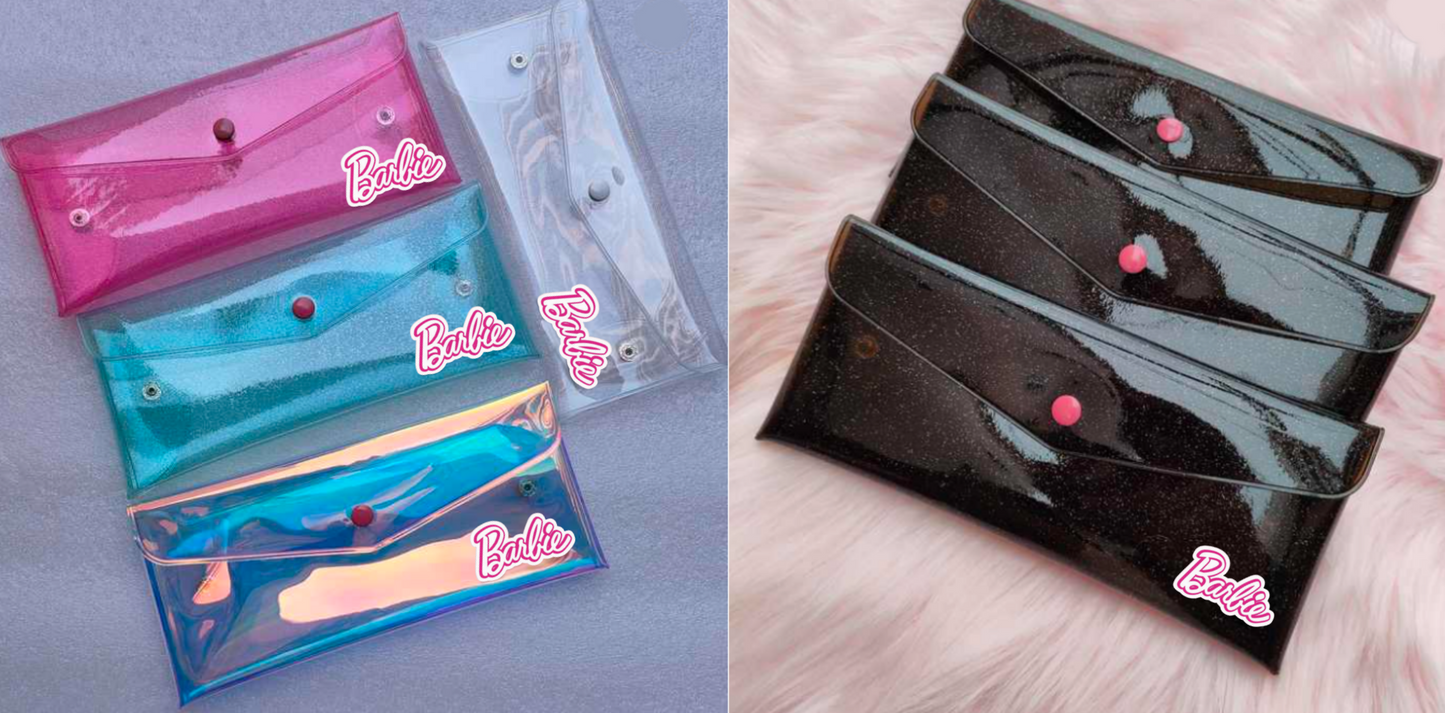 5 Barbie Transparent, Clear, Translucent, Pouch, Bag, School Stationary, Cosmetic, Birthday, Party Favors,Pink,Bag
