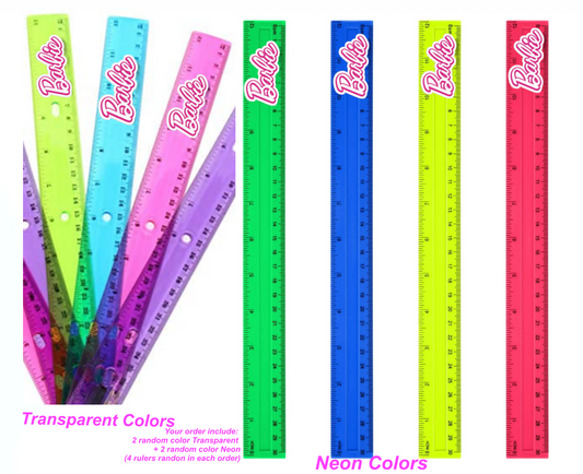 4 Rulers Barbie Bendable, Transparent, Flexible, Neon Colors, Bright Colors