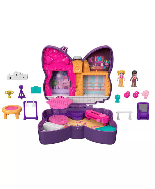 POLLY POCKET Dolls and Accessories Set, Sparkle Stage Bow Compact, Travel Toys with Surprise Reveals