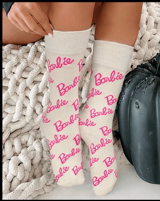 2 pairs of  Barbie Printed Socks Novelty Funny Crew Ins Black and White Full Print Pink Letter Socks Medium Tube Sock Cotton