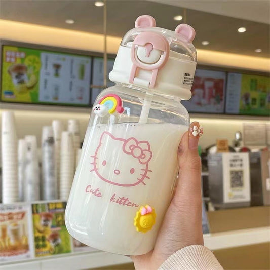 400ML Sanrio Hello Kitty Water Bottle Transparent Straw Water Bottle Diy Anime Kuromi Cinnamoroll Plastic Cups Thing Gift