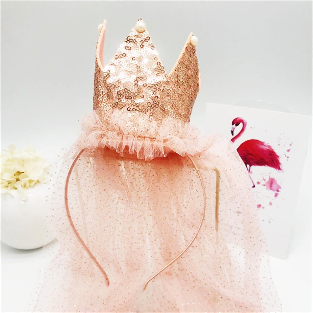 YEAHOO Cute Headbands For Kids Girl Princess Happy Birthday Hairband With Sequin Handmade Lace Princess Crown Headband Child Party Hair Accessories(Pink)