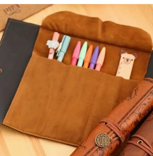PU Leather Pen Bag, Pens Storage, Organization, Vintage Map Design, Gift