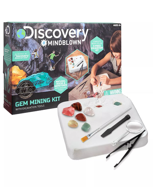 Discovery #Mindblown Toy Excavation Kit Gems, Chalk Exploration Block with 6 Semi Precious Minerals & Crystals