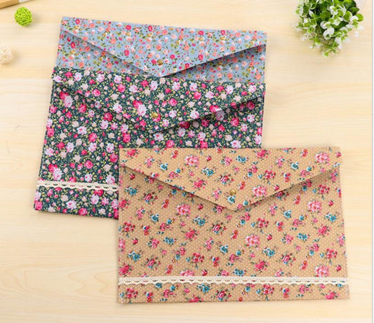 3 Fabric Floral Documents Envelopes, Letter Paper Size Envelope Folder, Fabric and Felt with Snap Button