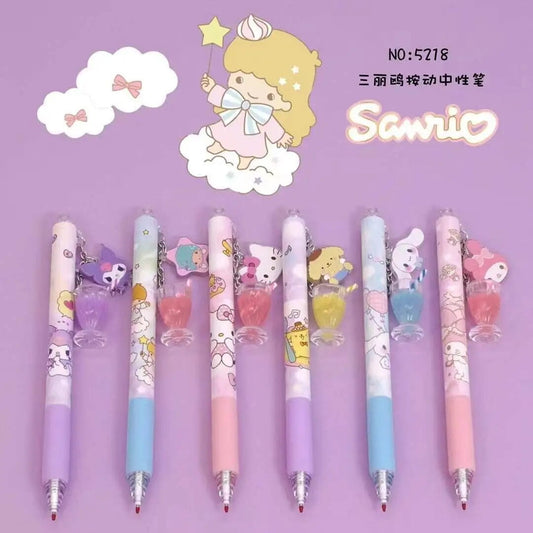 6pcs Cartoon Sanrio Kuromi Melody Press Gel Pen Roller Ball Pen Pendant Signature Pen Stationery