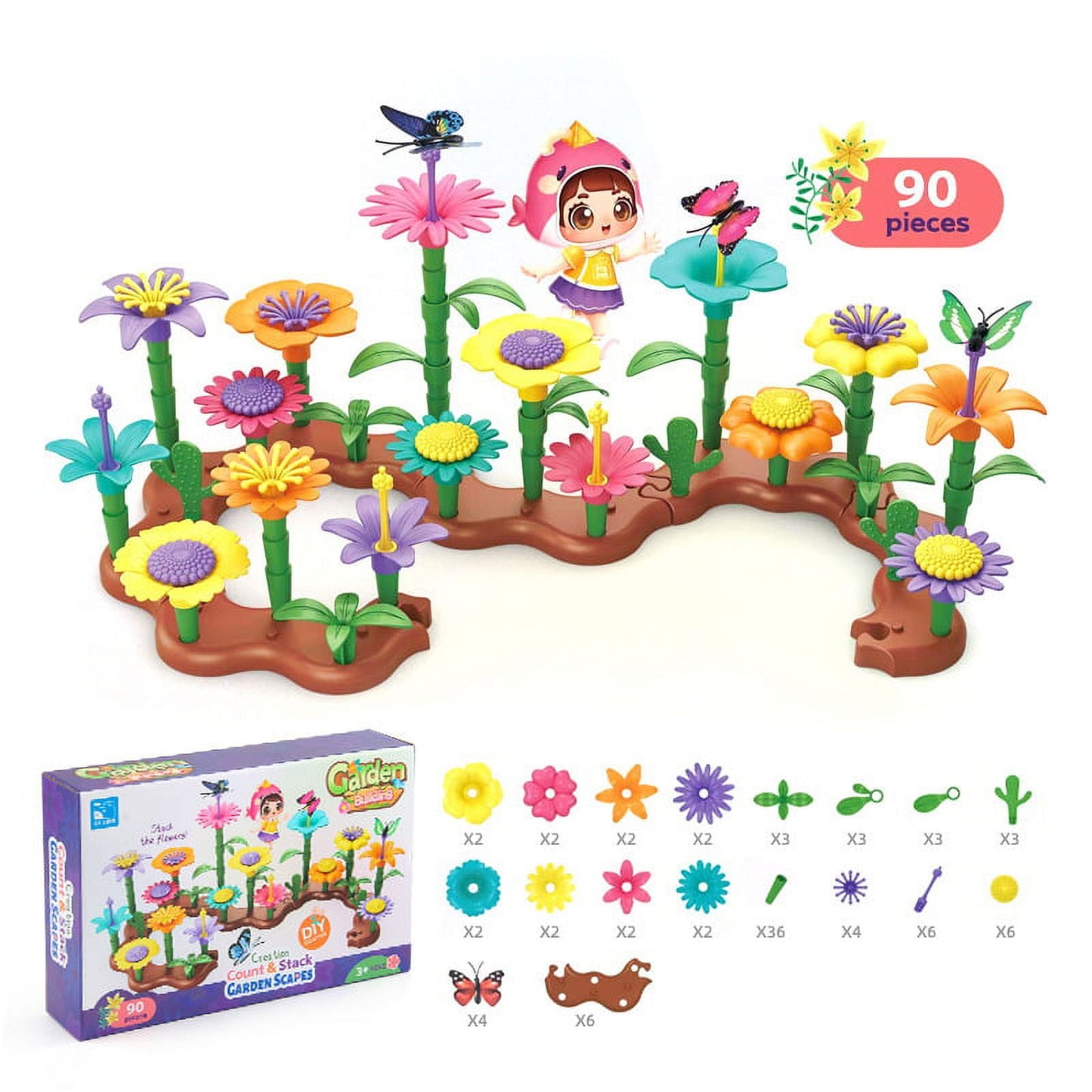 DIY Flower Garden Building Toys, Growing Flower Blocks Playset for Kids, Preschool Educational Set for Age 3-7 Years Boys Girls - 90PCS