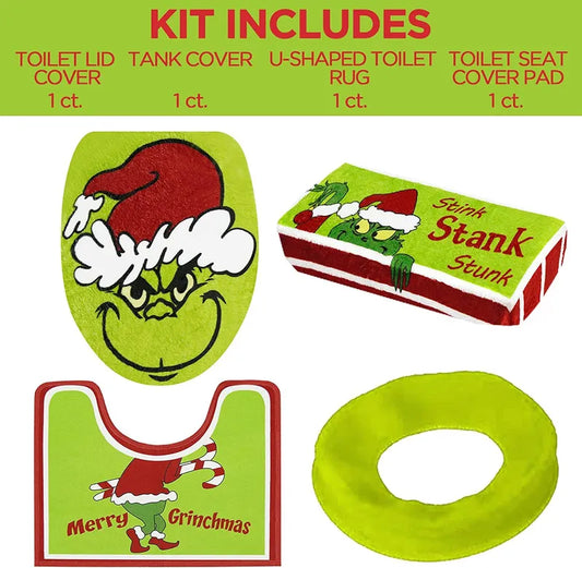 4 Pieces Grinch set Christmas Bathroom set,Matt set,Toilet cover Grinch