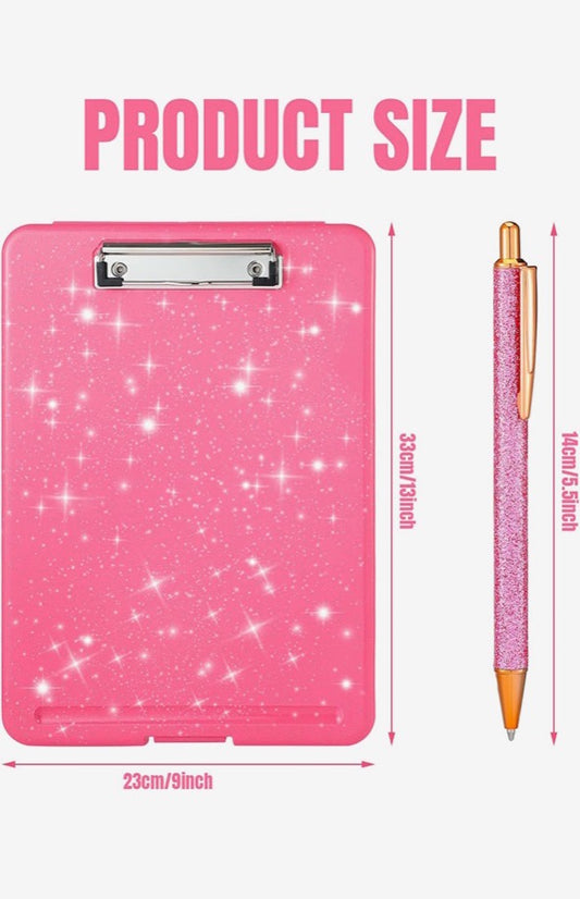 Pink Glitter Clipboard with storage and Pen,Organizer Teacher and Students Paper Table with box