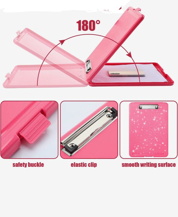 Pink Glitter Clipboard with storage and Pen,Organizer Teacher and Students Paper Table with box