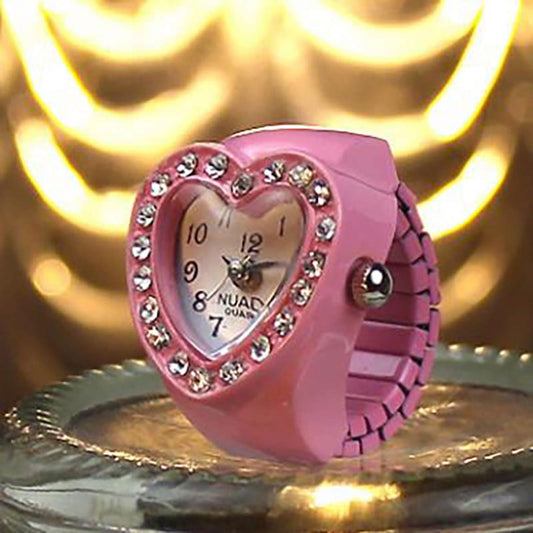 New Harajuku Heart Rhinestone Mini Watch Ring for Women Fun Cute Sweet Trend Girly Y2K Ring Vintage Aesthetics Jewelry Gift, Pink