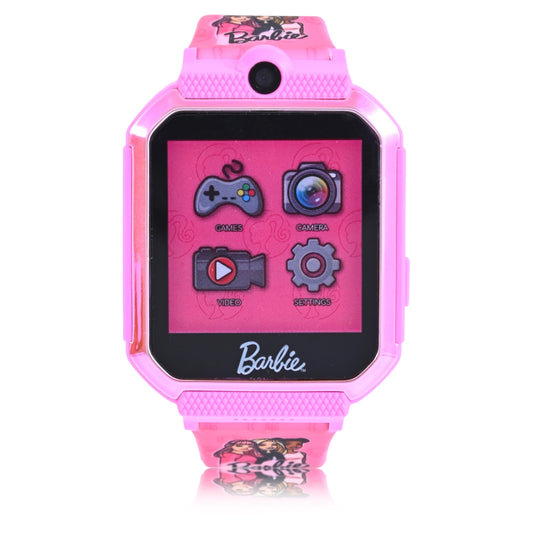 Barbie Childrens Unisex Touchscreen Smartwatch - Selfie Cam, Learning Games, Alarm, Calculator, and more with Rectangular Metallic Pink Case 42MM (BDT4120WM)