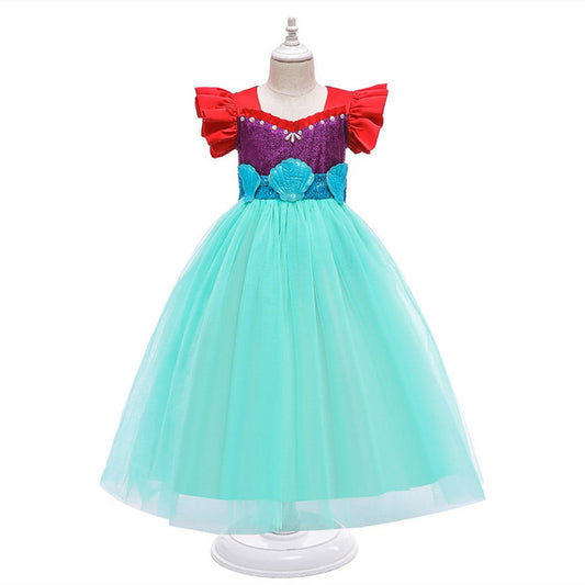 HAWEE Princess Dress for Girl Lace Tulle Short Flying Sleeves Outfits Sequin Fancy Back Bow Costumes