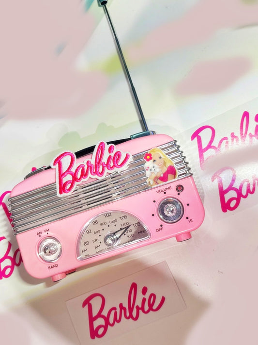 Barbie AM/FM Portable Vintage Radio with Best Reception, Circa 1960's Design, 3" AA Battery Operated Radio, Tuning, Volume and On/Off Knob, Pink and Silver