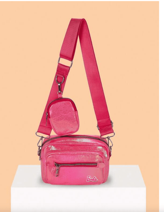 Barbie Hot Pink Mini Laser Glossy Crossbody Bag Set, PU Leather Textured Bag, Classic Versatile Fashion Shoulder Bag, One Size