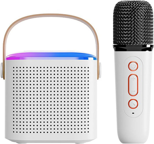 Portable Speakers With RGB Light & Wireless Microphone - Perfect Birthday Gift For Kids & Adults For Family Parties!, White