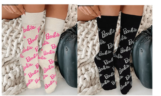 New Barbie Printed Socks Novelty Funny Crew Ins Black and White Full Print Pink Letter Socks Medium Tube Sock Cotton