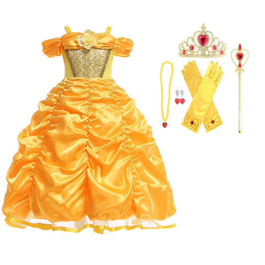 HAWEE Little Girls Layered Princess Belle Costume Dress up with Accessories, Yellow